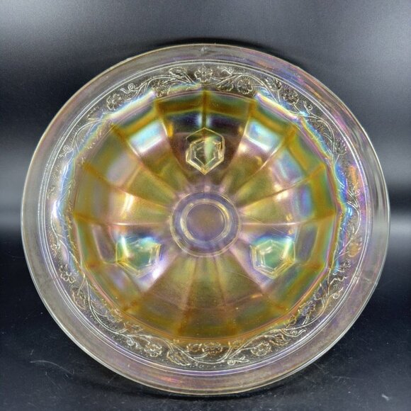 Vintage Marigold Carnival Glass Footed Dish Bowl Iridescent Finish Glass Decor - Picture 3 of 14